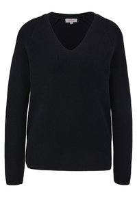 Zwarte geribde gebreide trui met een v-hals, lange mouwen en een ontspannen pasvorm. Bevat subtiele textuur en geen zichtbare hardware of patronen.