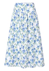 Blomsterkjole med hvid baggrund, blå blomster og grønne blade, struktureret talje og samlet design for fylde.