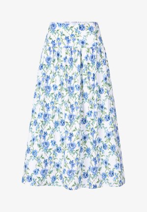 Gonna floreale con sfondo bianco decorato da fiori blu e foglie verdi, vita strutturata e design arricciato per un effetto di pienezza.