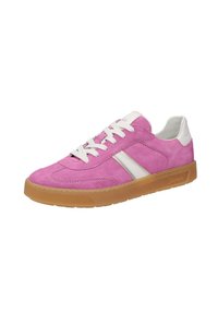 Rosa Wildlederschuh mit weißen Akzenten, runder Zehenform, flacher Gummisohle und weißen Schnürsenkeln. Einfaches Design mit Seitenstreifen.