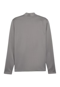 Graues langärmliges Shirt aus glattem, leichtem Stoff. Verfügt über einen Stehkragen und einen geraden Schnitt ohne sichtbare Hardware oder Muster.