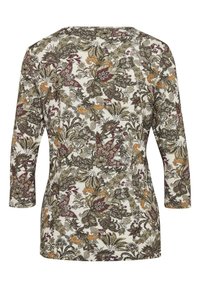 Langärmlige Tunika mit einer cremefarbenen Basis, die ein kunstvolles Blumenmuster in Grün, Bordeaux und Orange zeigt, gefertigt aus weichem, leichtem Stoff.