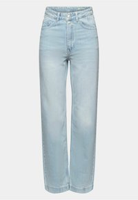 Jean bleu clair taille haute, coupe droite, avec poches avant, passants de ceinture et fermeture par bouton et zip.