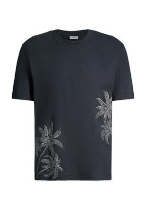 Schwarzes Kurzarm-T-Shirt mit Rundhalsausschnitt, das weiße Palmenmotive auf der unteren linken und rechten Seite zeigt.