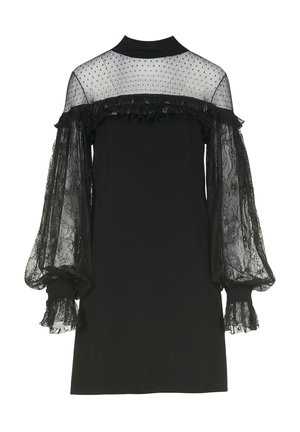 Black dress with sheer lace puff sleeves, textured with a dotted pattern and frill accents around the neckline and cuffs.