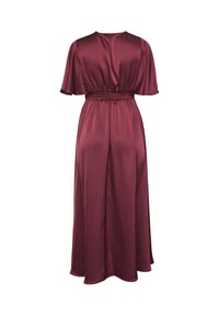 Mauve, satin maxiklänning med korta, utsvängda ärmar och resårmidja, med en slät yta och en flödande silhuett.