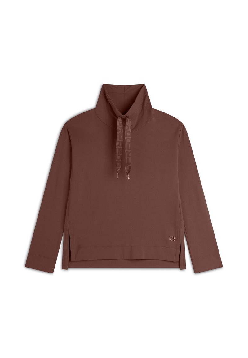 Maglione marrone con colletto alto, spacchi laterali e cordoncino con dettagli di marca. Realizzato in un tessuto morbido e liscio con maniche lunghe.