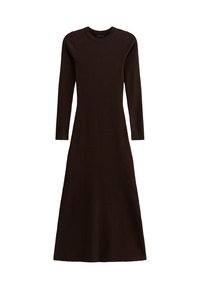 Abito a maglia a costine marrone con maniche lunghe, scollatura rotonda e una silhouette fluida a forma di A. La texture presenta righe verticali.