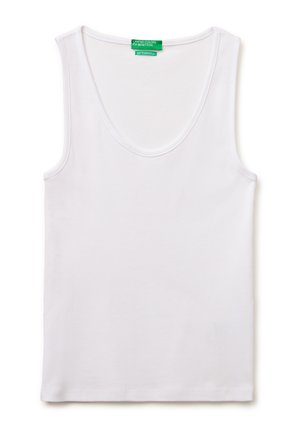 Biały bezrękawnik z wycięciem typu scoop oraz zieloną etykietą United Colors of Benetton z tyłu przy kołnierzu.