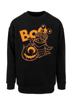 Schwarzer Sweatshirt mit orangefarbenem Grafikdesign eines Cartoon-Charakters, einem Kürbis und dem Text "Boo". Aus Baumwollmaterial mit gerippten Bündchen.