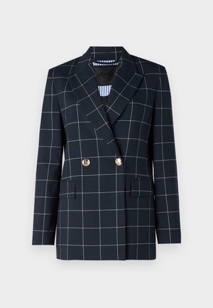Blazer navy con motivo a griglia bianca, design doppiopetto, bottoni dorati e due tasche frontali. Foderato in tessuto a righe.