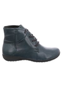 Bottines en cuir lisse bleu canard à lacets. Dotées d'un bout arrondi, d'un talon bas et d'une semelle en caoutchouc texturé pour une meilleure adhérence.