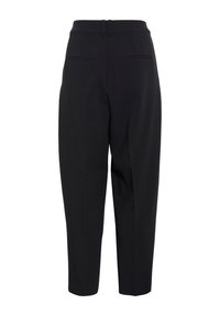 Black cropped pants with a smooth texture, designed with a high waist, two back pockets, and belt loops. Featured in a tailored cut.