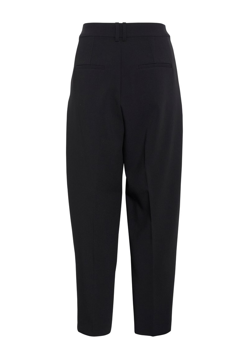 Schwarze, kurz geschnittene Hosen mit glatter Textur, entworfen mit einer hohen Taille, zwei Gesäßtaschen und Gürtelschlaufen. Gezeigt in einem taillierten Schnitt.