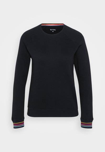 Sweatshirt de gola redonda na cor navy, com punhos canelados e listras multicoloridas. Feito de tecido texturizado, desenhado com mangas raglan para maior conforto.