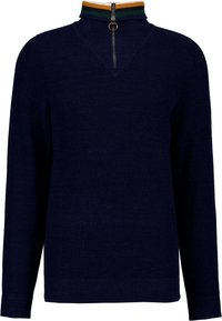 Marinblå tröja med hög krage, halvmånadslång blixtlås, ribbad textur och kontrasterande randiga detaljer i grön, gul och vit.