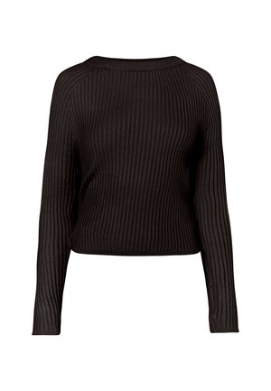 Schwarzer gerippter Pullover mit langen Ärmeln, Rundhalsausschnitt und verkürztem Saum. Hergestellt aus einem strukturierten Strickstoff, verfügt er über vertikale Streifen und einen geraden Schnitt.