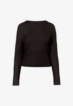 Černý žebrovaný svetr s dlouhými rukávy, kulatým výstřihem a zkráceným zakončením. Vyrobený z texturované pleteniny, má vertikální pruhy a rovný střih.