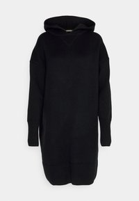 Sort strikket hættetrøjekjole med lange ribkanter ved ærmer og kant, afslappet pasform og V-formet sømdetalje ved halsudskæringen.