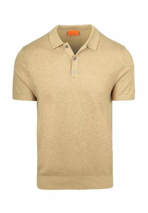 Beige polo met korte mouwen, twee knopen aan de sluiting en kraag, gebreide stof en zichtbare geribbelde zoom.