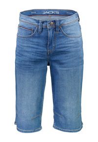 Jeansowe szorty w jasnoniebieskim kolorze z lekko wyblakłym wykończeniem, z pięcioma kieszeniami, szlufkami na pasek i kontrastowym przeszyciem na brzegach. Klasyczny fason.