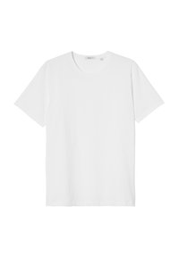 Witte T-shirt met korte mouwen van katoen. Ronde halsontwerp met een zachte textuur. Geen patronen of grafische elementen. Klassieke, eenvoudige vorm.