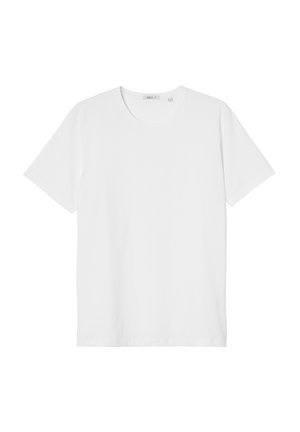 Effen wit T-shirt met korte mouwen en ronde hals, met zichtbare maat- en merklabels aan de binnenkant van de halslijn, weergegeven op een witte achtergrond.