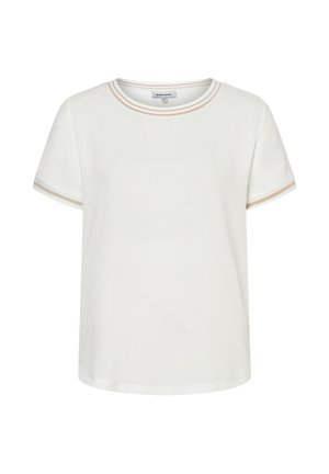 Witte T-shirt met korte mouwen, beige afwerking op de kraag en mouwranden, ronde hals en een losse pasvorm.
