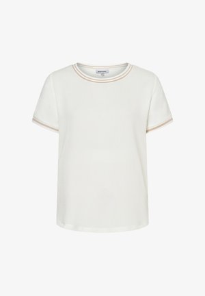 Witte T-shirt met korte mouwen, beige afwerking op de kraag en mouwranden, ronde hals en een losse pasvorm.