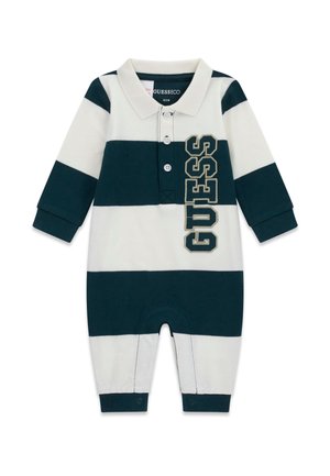 Babystrampler mit langen Ärmeln mit marineblauen und weißen horizontalen Streifen, Kragen, Knöpfen vorne und "GUESS" Logo auf der Brust.