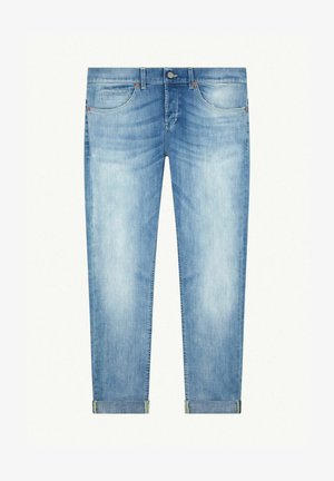 Jeans in denim azzurro chiaro, a gamba affusolata, con una finitura sbiadita. Presentano tasche, una chiusura a bottone e risvolti con cuciture a contrasto.