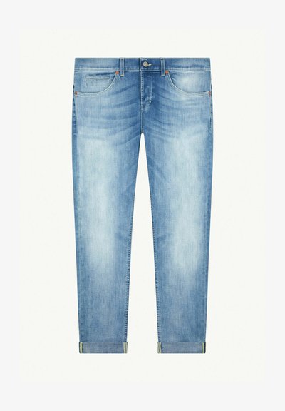 Jeans in denim azzurro chiaro, a gamba affusolata, con una finitura sbiadita. Presentano tasche, una chiusura a bottone e risvolti con cuciture a contrasto.