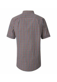 Kortärmad geblokte shirt in een meerkleurig patroon van marineblauw, rood en beige, met een button-down kraag en een rechte achterkant.