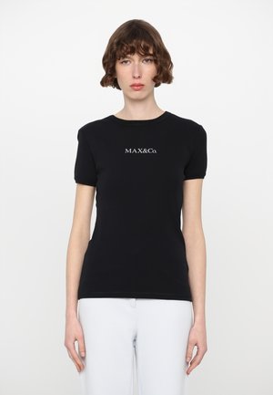 T-shirt nera a maniche corte in cotone, con colletto a girocollo e logo ricamato bianco "MAX&Co." sul petto.