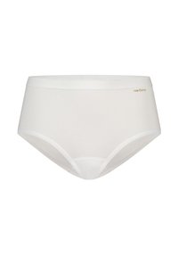 Witte katoenen high-waisted slipjes met een gladde textuur. Heeft een eenvoudig ontwerp en een logo in kleine gouddruk op de tailleband.