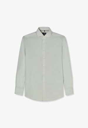 Hellgraues langärmliges Hemd mit Knopfleiste, spitzem Kragen und geknöpften Manschetten, flach auf weißem Hintergrund präsentiert.