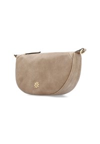 Beige leather clutch bag with a curved shape, textured surface, and gold hardware. Features a subtle logo on the front.