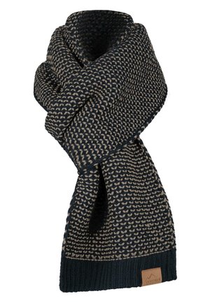 Knitted scarf in dark navy with a beige pattern, textured finish, and ribbed edges. Features a small leather label at the base.