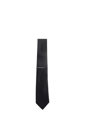 Black textured necktie with a silver tie clip, displayed against a white background.