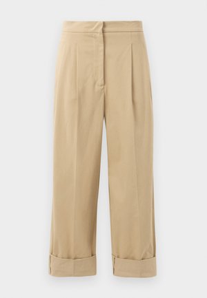 Pantalons beige à jambes larges avec deux plis à l'avant, ourlets roulés et texture lisse. Fabriqués en tissu léger, offrant une coupe décontractée.