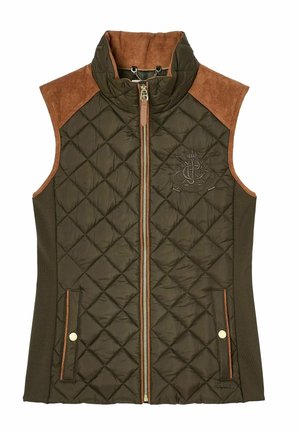 Quilted olivgrüne Weste mit braunen Wildleder-Schulterpaneelen, hohem Kragen, einem Frontreißverschluss und zwei Seitentaschen mit Druckknöpfen.