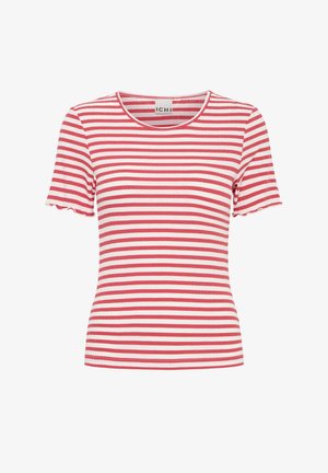 Punase ja valge triibuline lühikeste varrukatega T-särk soonilise tekstuuri ja laineliste varrukaäärtega, ümar kaelusega ja lõikega, mis istub seljas hästi.