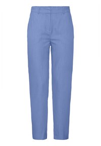 Pantaloni dritti azzurri, con una texture liscia. Presentano una parte frontale piatta, passanti per la cintura e tasche laterali. Design semplice senza motivi.