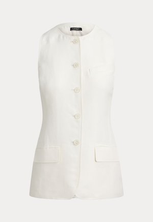 Ärmellose weiße taillierte Weste mit rundem Ausschnitt, fünf vorderen Knöpfen und zwei Klappentaschen an den Hüften.