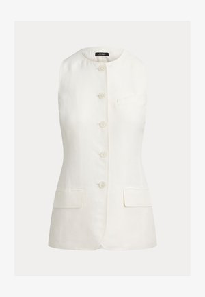 Ærmeløs hvid skræddersyet vest med rund halsudskæring, fem knapper foran og to klappelommer ved hofterne.