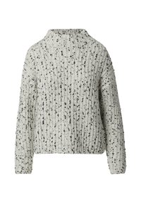 Dicker Strickpullover in Hellgrau mit schwarzen Sprenkeln, ausgestattet mit einem hohen Kragen und langen Ärmeln, präsentiert eine strukturierte, lockere Passform.