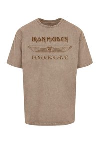 Hnědý bavlněný tričko s grafikou "Iron Maiden" a "Powerslave" ve tmavších barvách. Krátké rukávy, kulatý výstřih, volný střih.