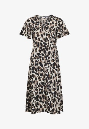 Haljina omotnica s uzorkom leopard kože, kratkih rukava, izrađena od lagane tkanine. Ima dekolte u obliku slova V i asimetrični rub.