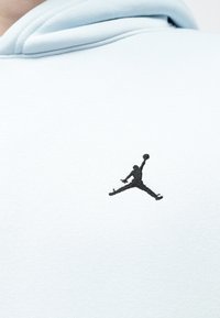 Tissu de sweat à capuche bleu clair avec une texture douce ; présente un logo Jumpman brodé en noir sur la poitrine.