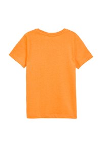 Korte mouw oranje t-shirt met een ronde hals, gemaakt van zacht katoen. Eenvoudig ontwerp zonder patronen of accenten. Achteraanzicht.